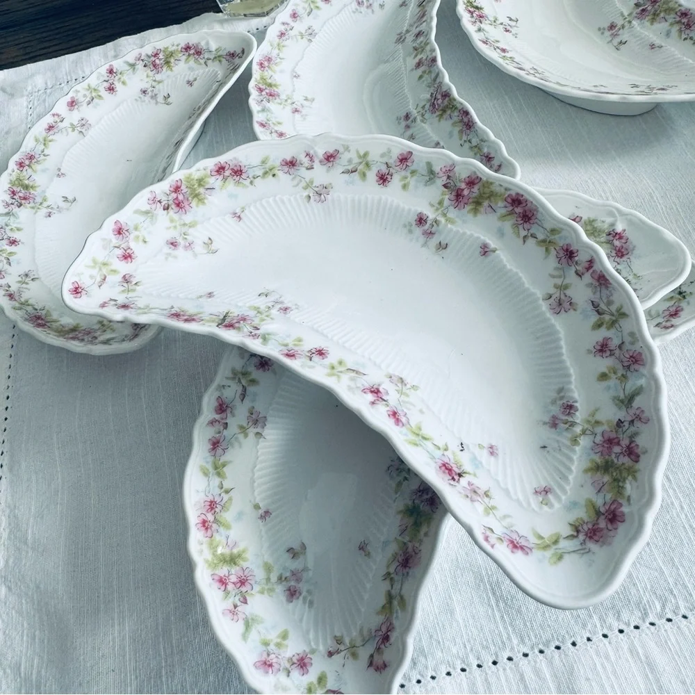 Antique Lot of 6 Carl Tielsch (CT) Scallop   Floral Design Crescent Bone Dishes